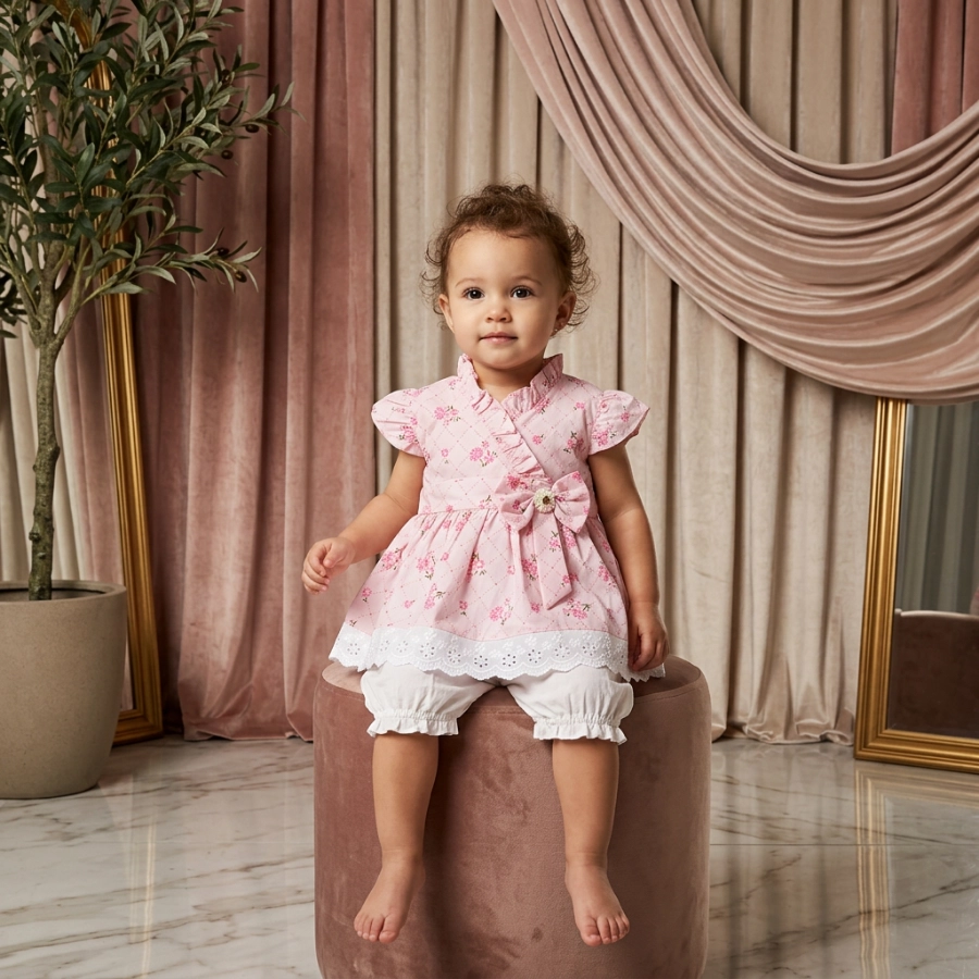 Baby Girl Pink Blossom Flutter Dress & Bloomer Set