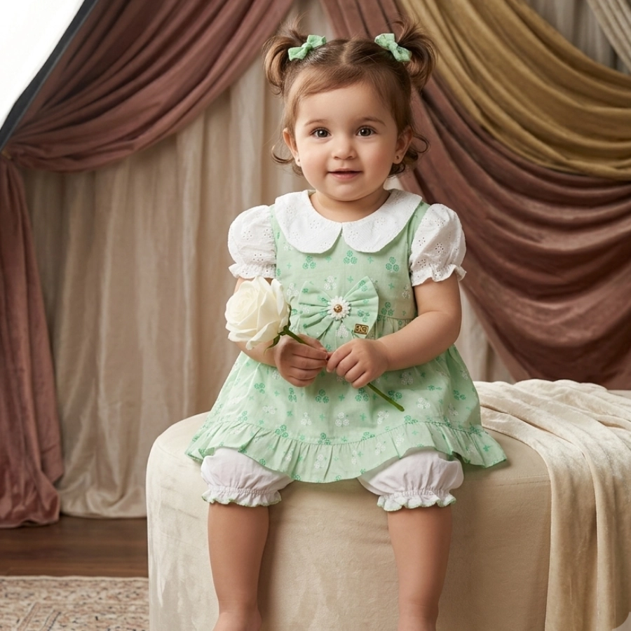 Baby Girl Mint Blossom Peter Pan Collar Dress & Bloomer Set