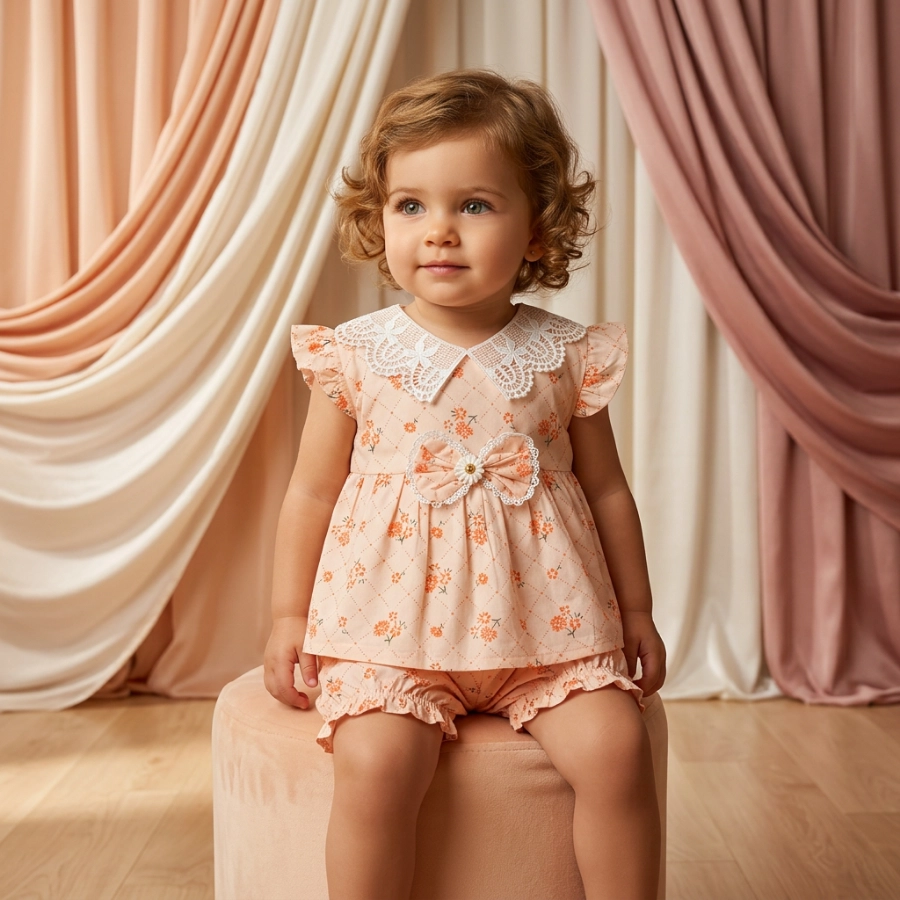 Baby Girl Peach Blossom Lace Collar Dress & Bloomer Set